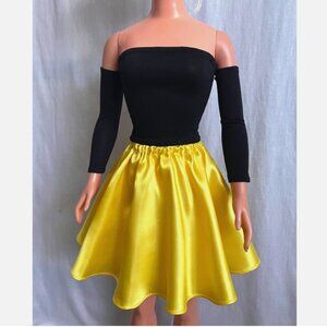 Black rayon top, sleeves. Yellow satin mini skirt. for My Size Barbie Doll. New